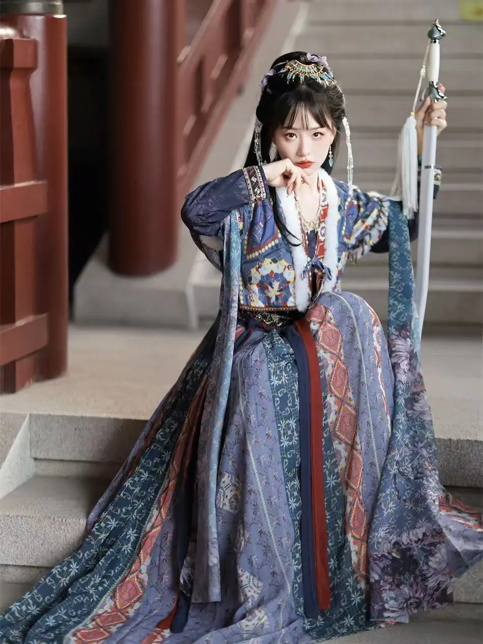 Traditional Autumn Winter Hanfu Women's Tang Dynasty Half Sleeve Printing Costume Halloween Princess Cosplay Clothing Stage Suit