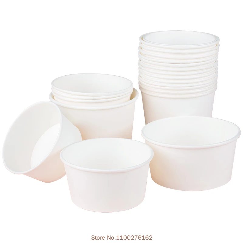 50pcs/pack Large Capacity White Paper Bowl Fast Food Storage Disposable Food Package Plastic Lid