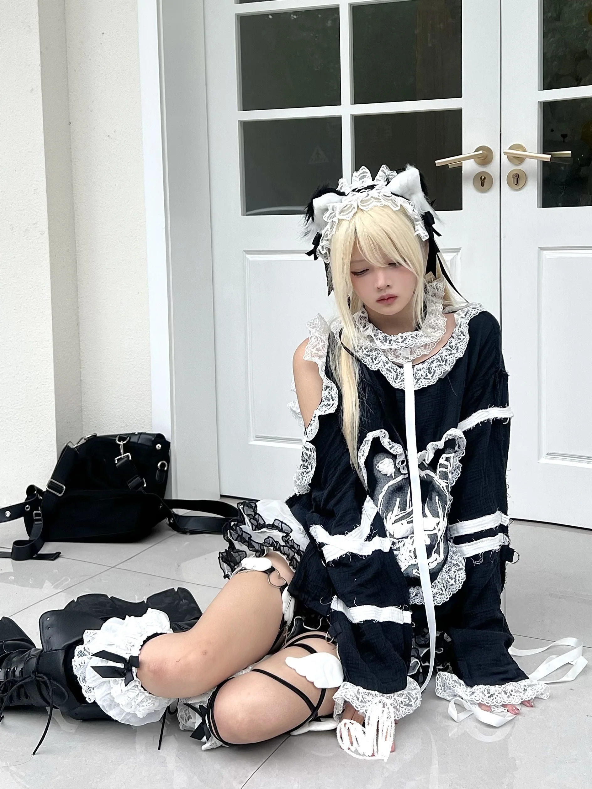 Design Subculture Y2k Anime Print Long Sleeve Tshirt Lace Patch Off Shoulder Cute Kawaii Japanese Loose Sashes Black Shirts Tops