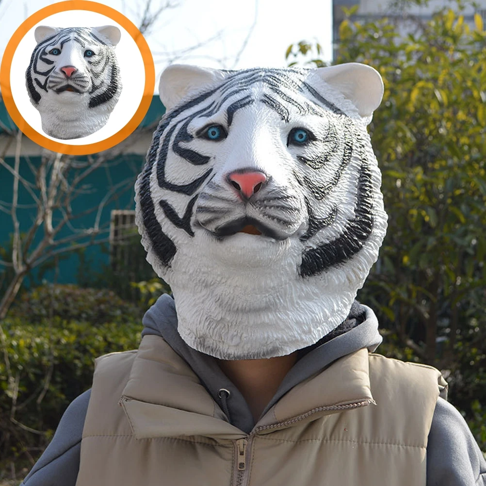 

Tiger Headgear Funny Mask Realistic Animal Masquerade with Stick Emulsion Lifelike