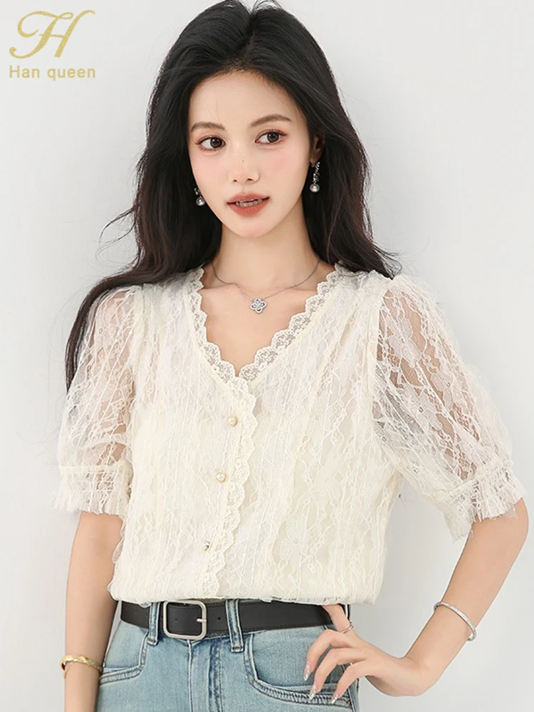 

Casual Chic Korean OL Loose Blouses Women 2025 Summer V-Neck Lace Shirt Simple Office Lady Blouse Short Sleeve Tops