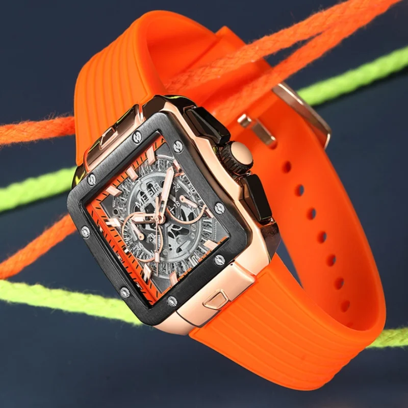 Reloj MEGIR 2228 de cuarzo a la moda para hombre, esfera cuadrada, correa de silicona, cronógrafo multifunción resistente al agua, relojes deportivos luminosos para hombre