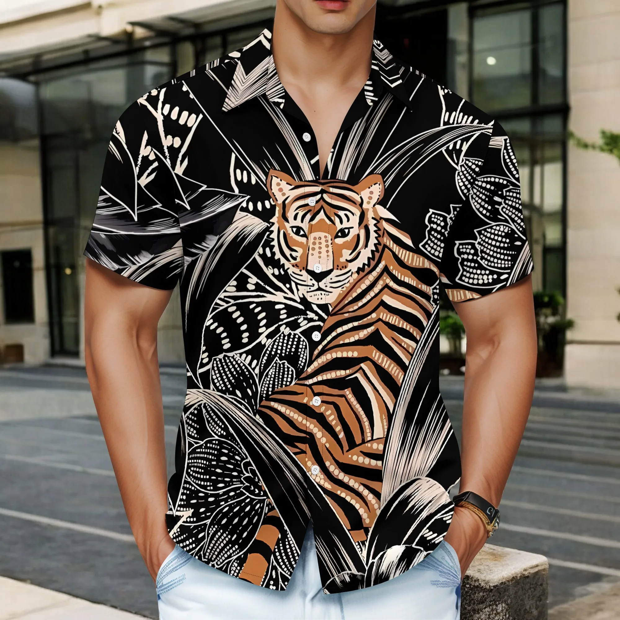 

YEAE Tiger in Jungle Print Shirt for Men Summer Casual Short Sleeve Top