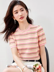 2024 New Women's Summer Basic Short Sleeve T-shirts Casual Versatile Slimming Round Neck Striped Knitting T-shirt Tops