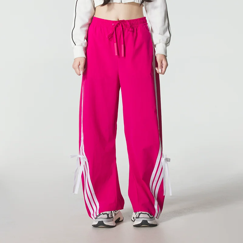 

Adidas Womens 2026 New Deep Pink Loose Fit Drawstring Waist Three Stripes Woven Pants Casual Sport Trousers KR8708