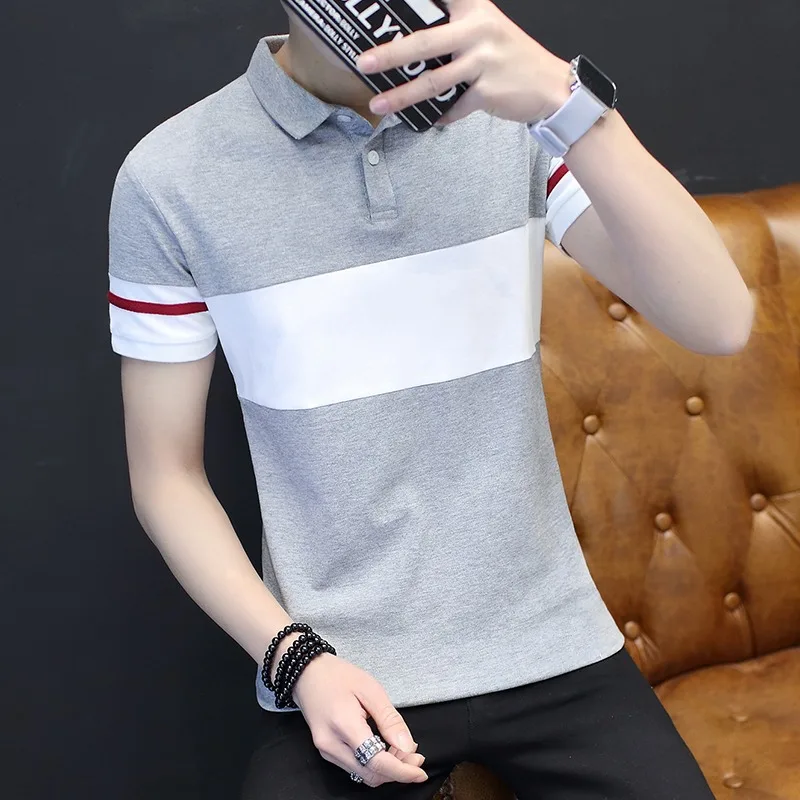 Men's Navy & Gray Contrast Stripe Short Sleeve Polo Shirt Red Accent Cuff Slim Casual Trendy Top