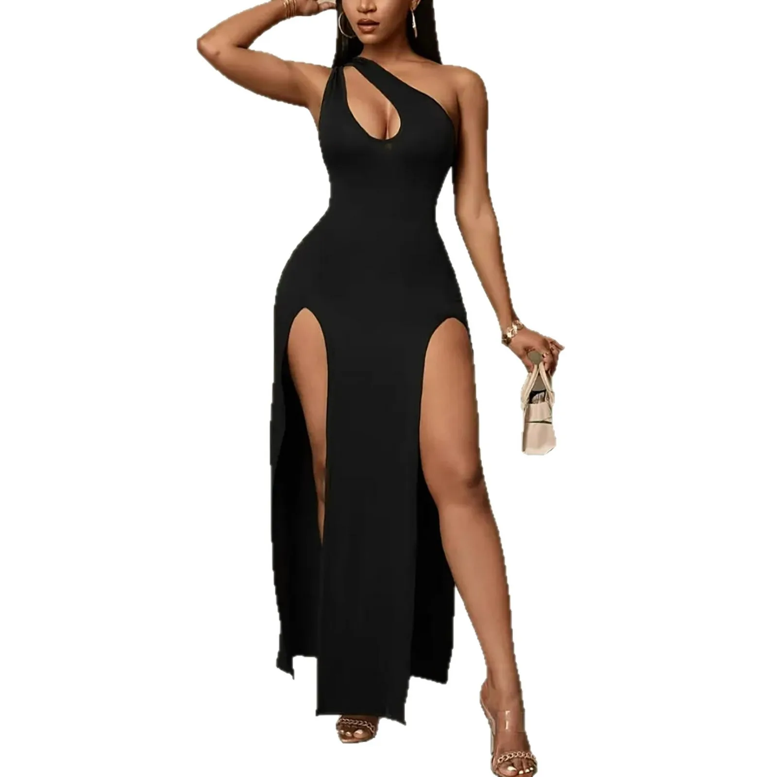 Women's Off Shoulder Long Slit Sleeveless Solid Color Midi Waist Evening Dress for Wedding Guest Party Prom Beach Wedding Party