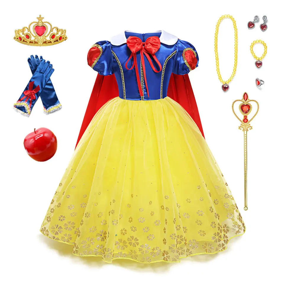 Disney Princess Dress Suit Charm for Girls Cosplay Cinderella Belle Aurora Snow White Mesh Ball Gown Carnival Birthday Costume