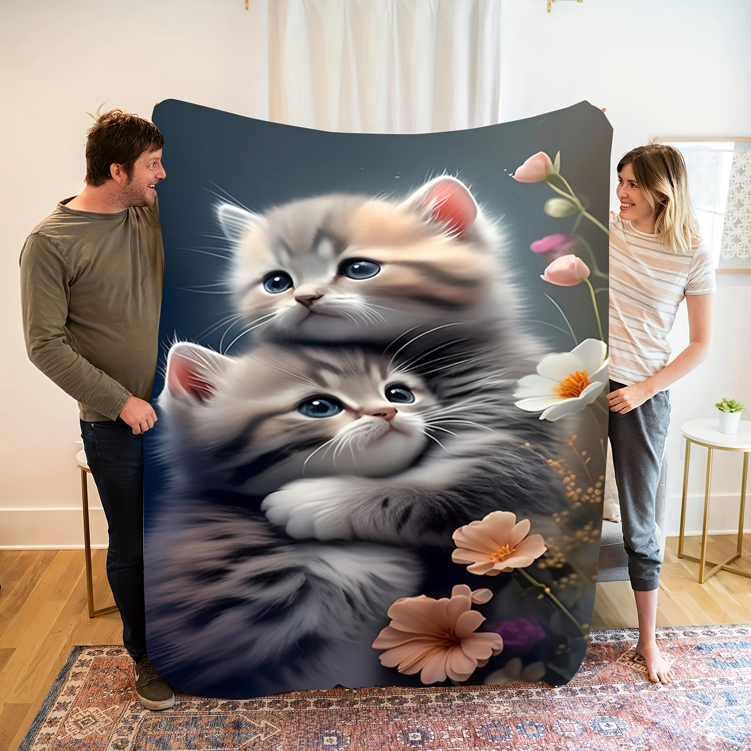 Cozy Cute Kittens & Floral Print Blue-Gray Flannel Blanket Throw for Napping, Camping, Travel, Home Decor - Machine Washable