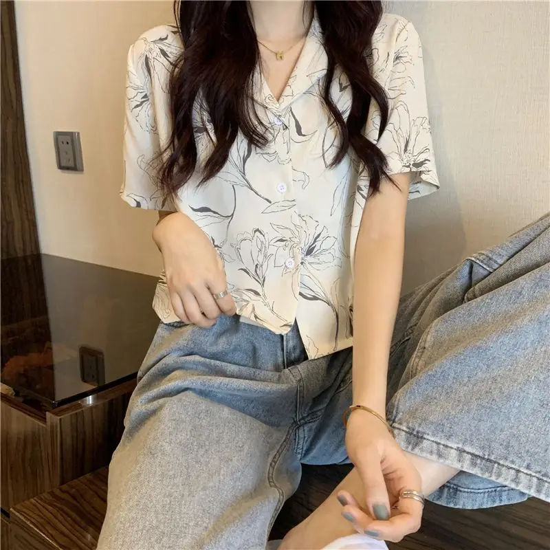 Loose Shirts Women New Summer BF Office Ladies Vintage Print Streetwear Harajuku Y2k Ulzzang Leisure All-match Short-sleeve Chic