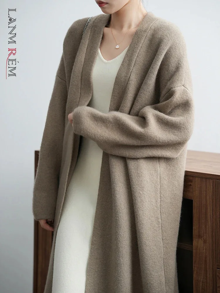 

[LANMREM] Thick Warm Knit Cardigan Long Coats For Women Minimalism Office Lady Outwear Female Clothing 2024 Winter New 26C1115