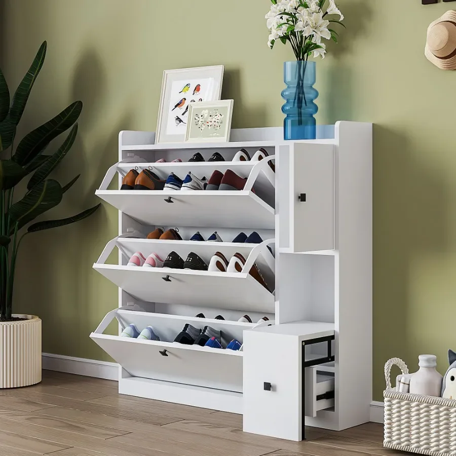 

ON-TREND Versatile Tipping Bucket Shoe Cabinet with 3 Flip Drawers Maximum Storage Entryway Organizer with Drawer Free Standing