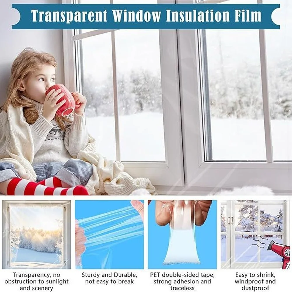 Indoor Window Insulation Film 42 by 62 Inches Shrinkable Thermal Barrier Kit for Cold Weather Energy Saving PET Film