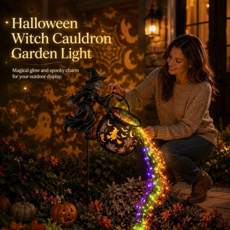 Flying Witch Garden Stake with Glowing Cauldron, Waterfall Light Effect, Halloween  Outdoor for Yard Lawn Pathway Porch Patio view 5