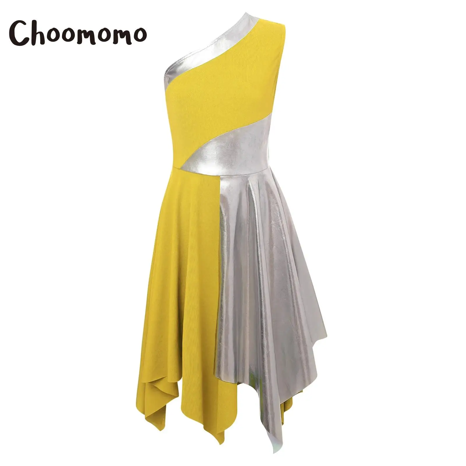 

Kids Girls One Shoulder Irregular Praise Dance Dress Metallic Color Block Liturgical Worship Costume Modern Ballroom Dancewear