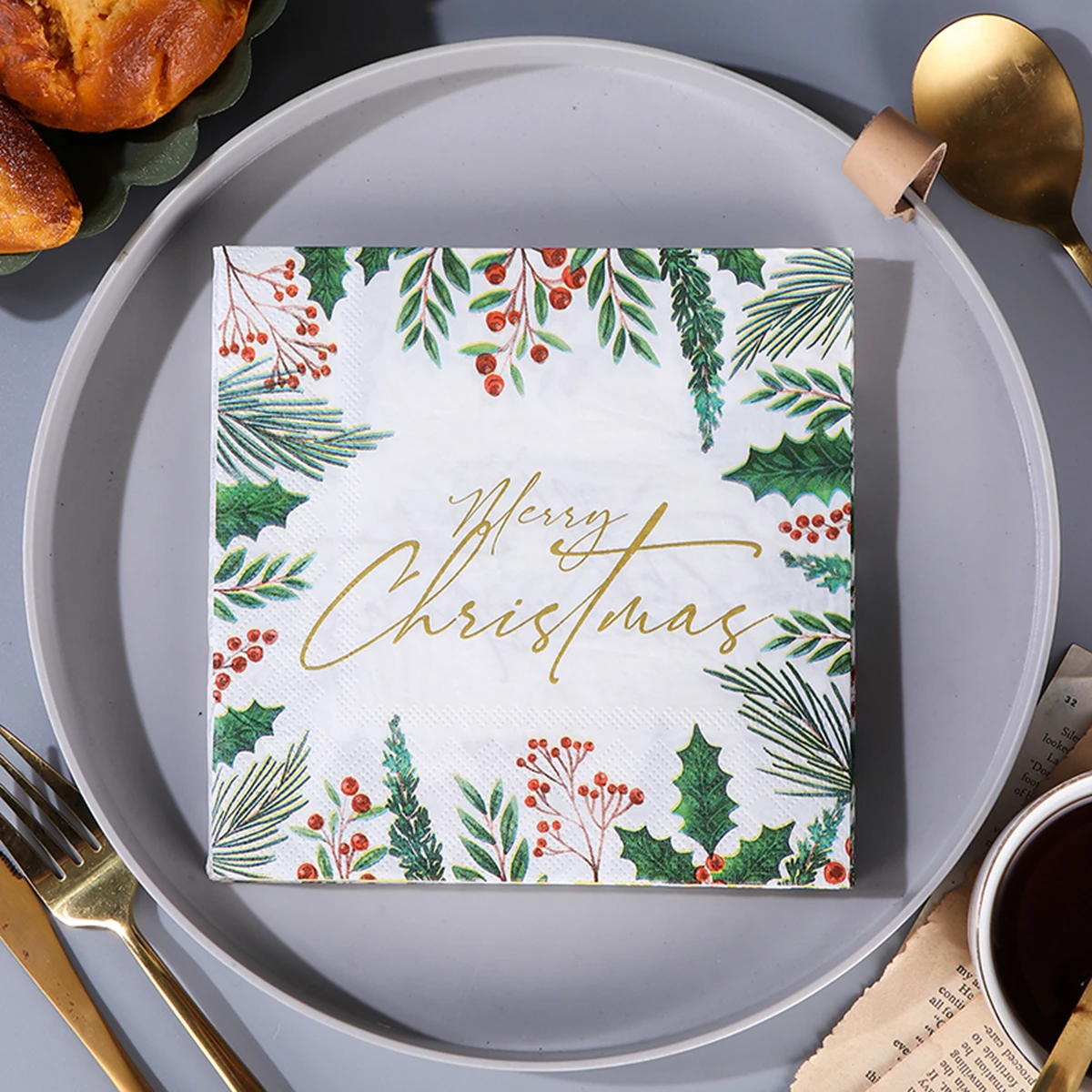 Christmas Paper Napkins Merry Christmas Holly Berry Leaf Disposable Decorative Paper Napkins For Xmas Dinner Table Party Decor