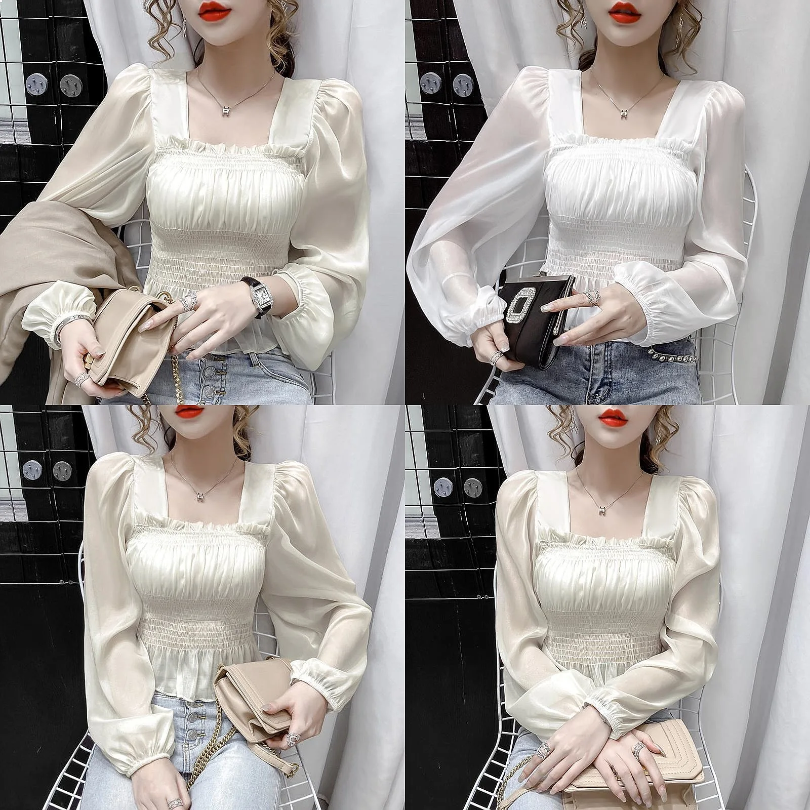 

Blouse Women Autumn Puff Sleeve Chiffon White Shirt Women's Long Sleeve Square Collar Top Blusas Ropa De Mujer