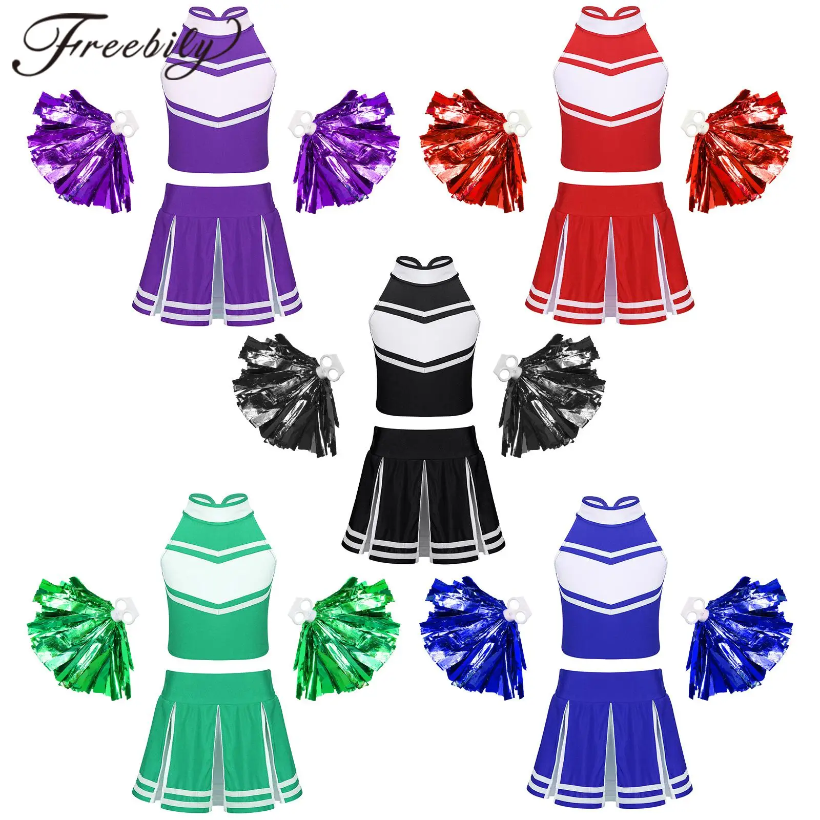 

Kids Girls Cheerleading Costume Dance Outfit Sleeveless Tops + Skirt Tassel Flower Ball Set for Cheerleader Uniforms Dancewear