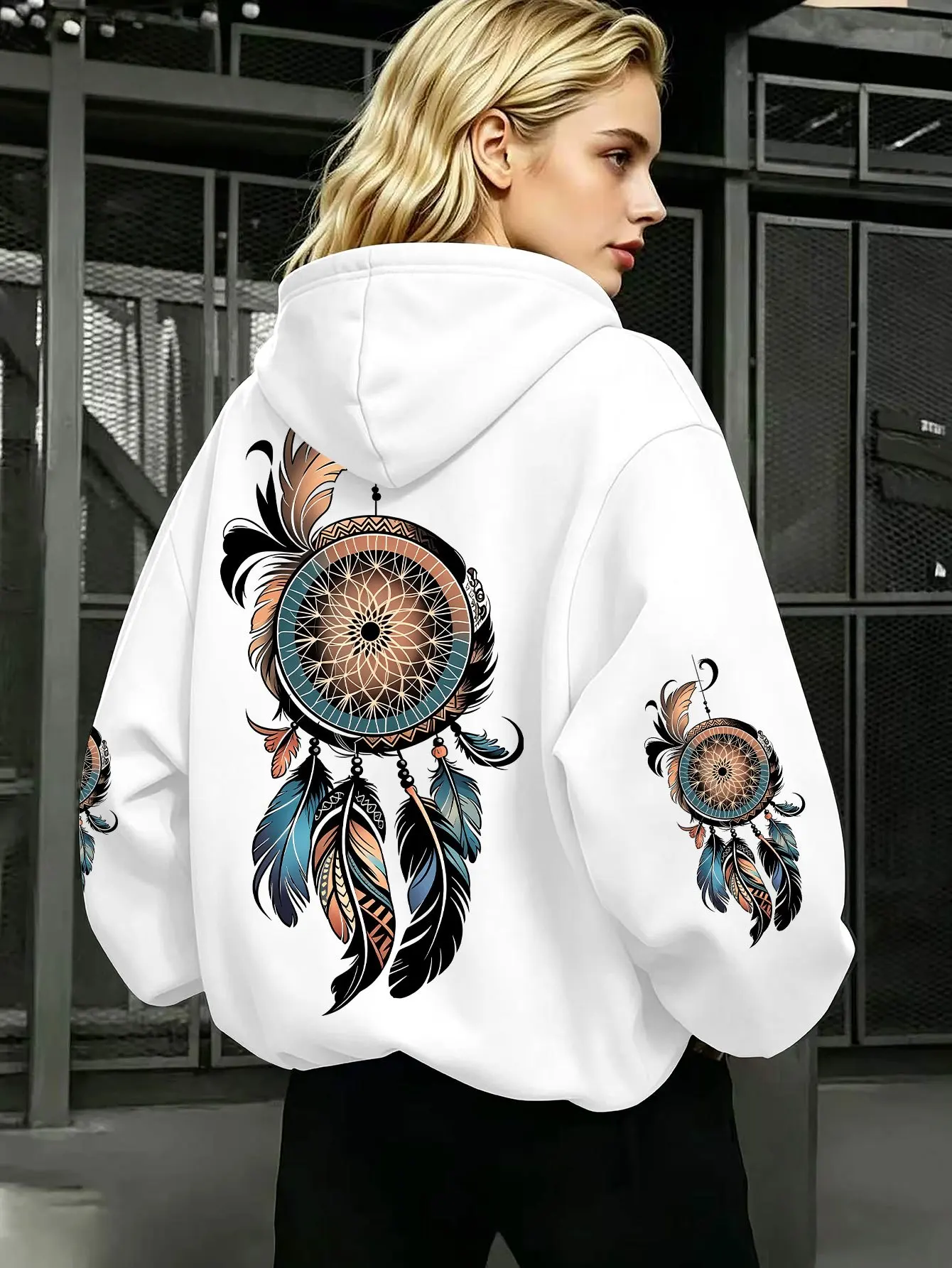Back Printed Pattern Pullover, Long Sleeved Pocket with Fleece Hooded Sweatshirt, Bohemian Western Casual Streetwear Top