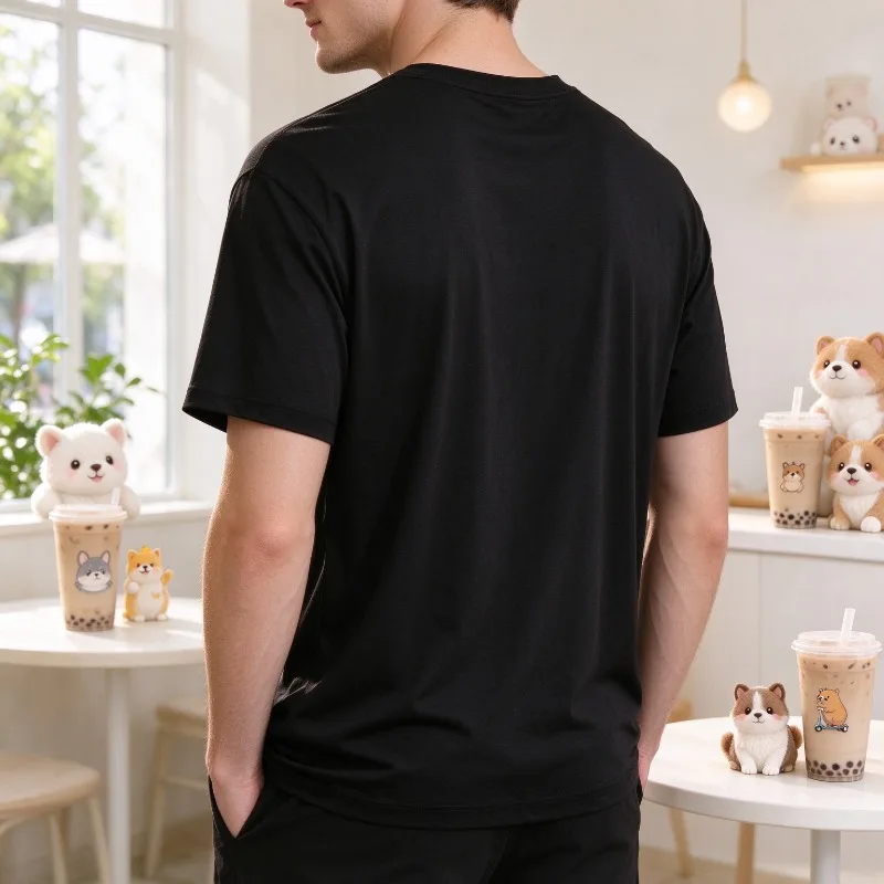 Capybara Resting Cat Milk Tea T Shirt Men Cute Animal Love Graphic Print Soft Modal Crewneck Tee Fashion Streetwear Top Casual