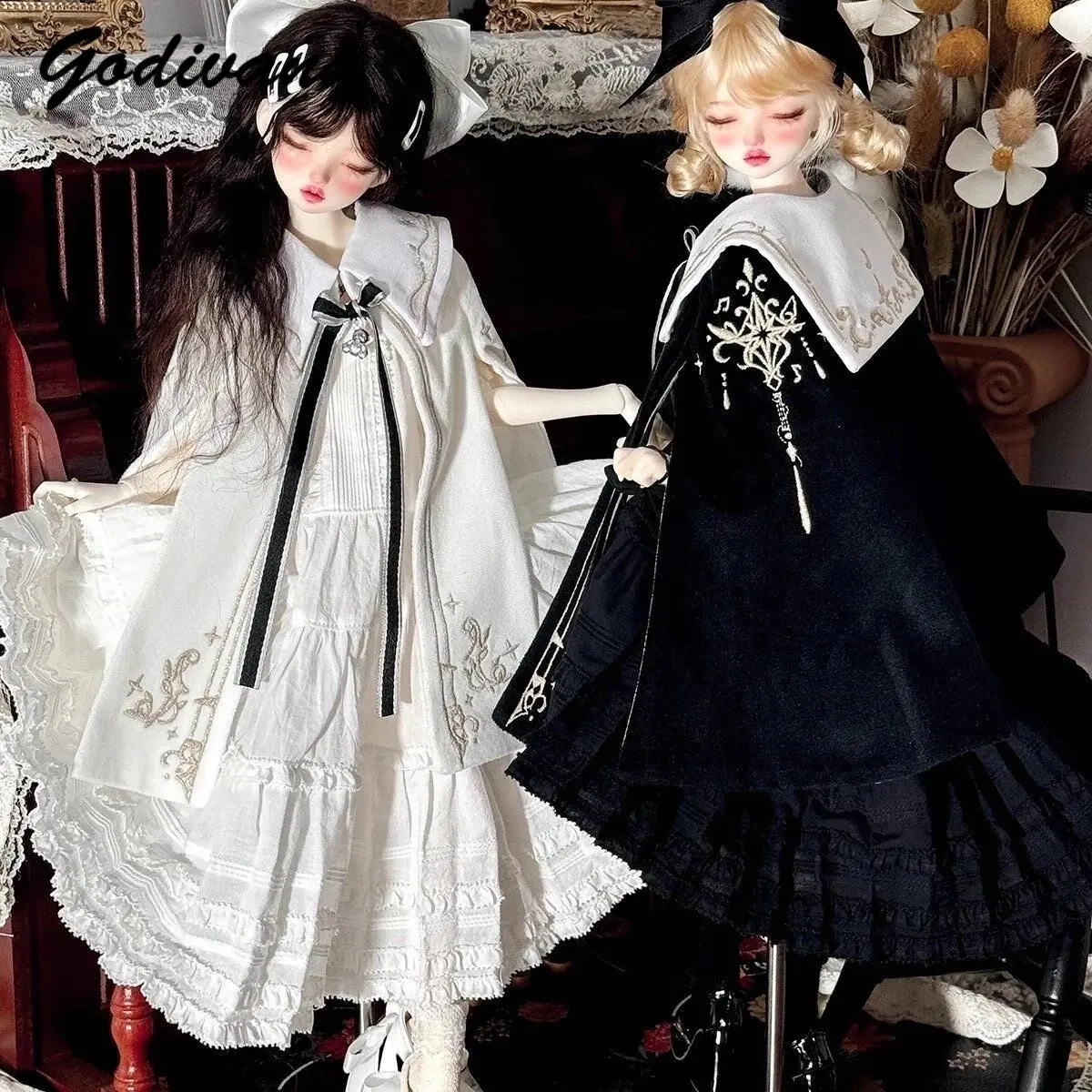 1/4 BJD Twin Academy Magier-Umhang-Outfit-Set Schwarzer Umhanganzug und Weißes Ärmelloses Sommerkleid Coole und Niedliche Alltagskleidung für 1/4 BJD
