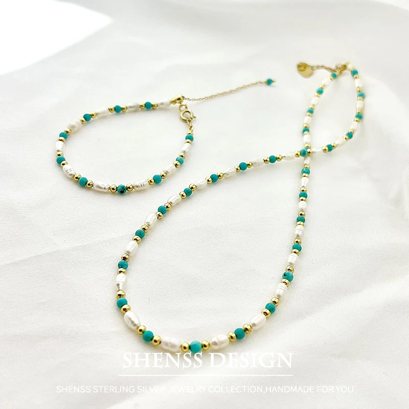 

Rice Shaped Pearls with Turquoise Necklace Bracelet Copper Plated 14K Gold Accessories Natural