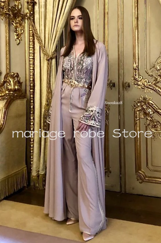 Grey Chiffon Moroccan Caftan Jumpsuit Prom Dresses with Cape Wrap Lace Embroidery Beaded Romeo Evening Gown Pant Suit