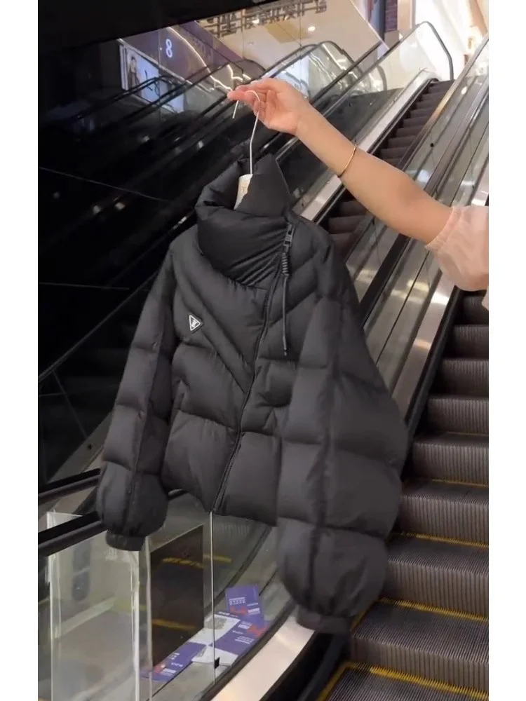 Bla col montant asymétrique fermeture éclair vers le bas Jaet femmes hiver Thiened pain Sle manteau chaud Fce Polyester Fiber