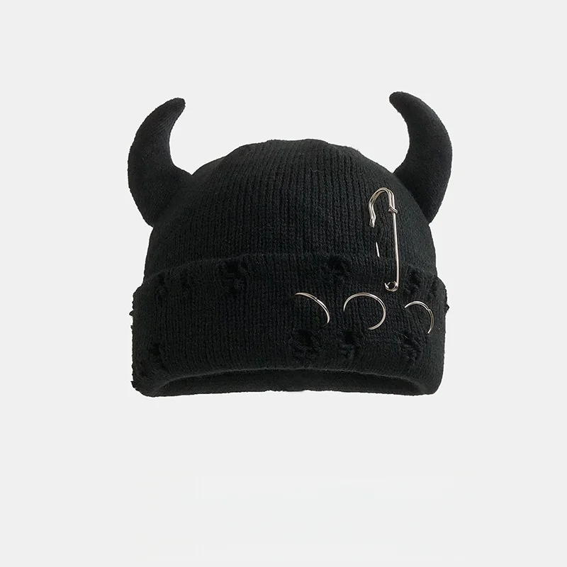 Neue Unisex Strickmütze mit Teufelshörnern Halloween Distressed Skull Cap Hip Hop Winter Warme Garnmütze für Männer Frauen – Detail 11