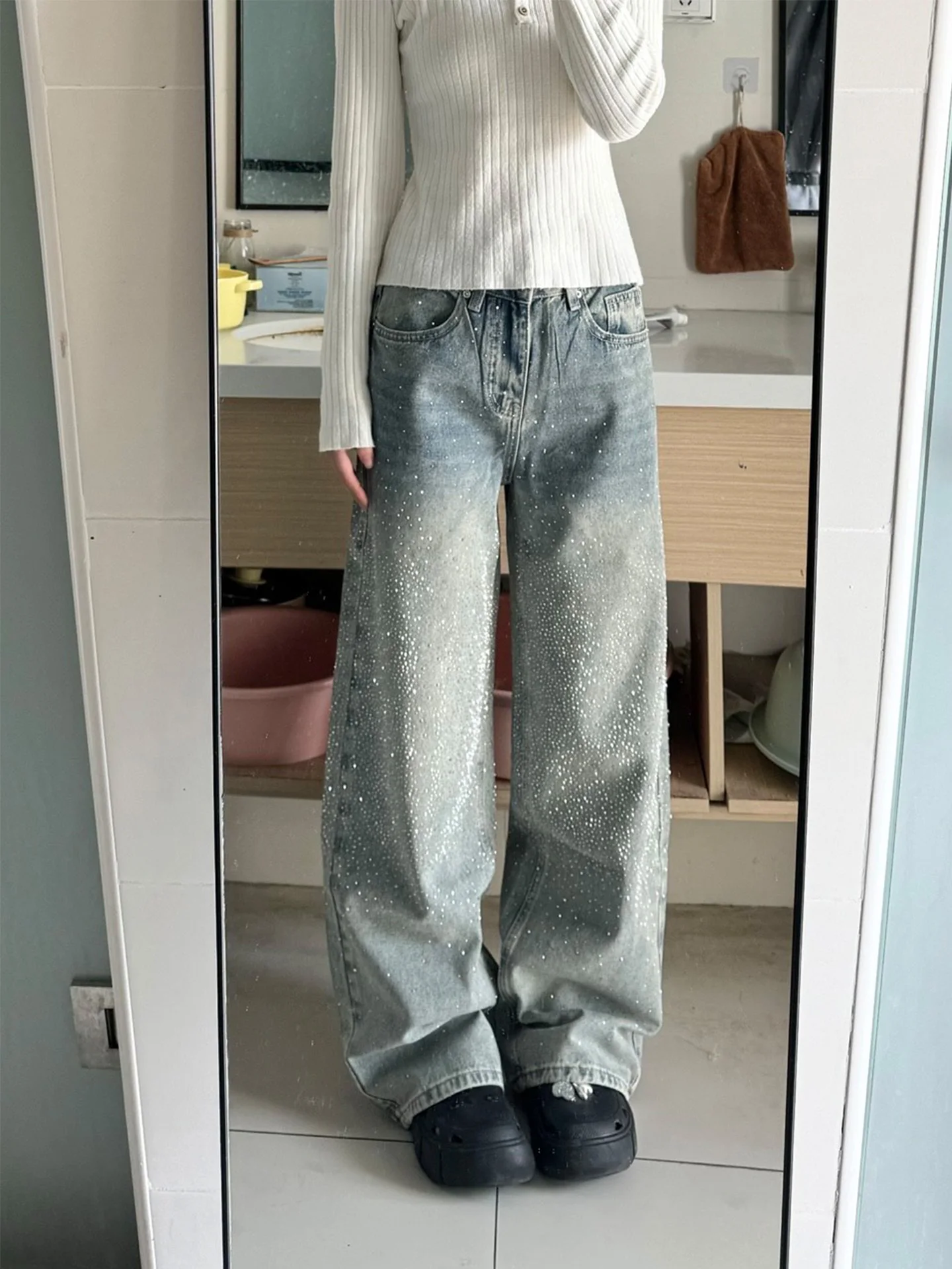 iny Star American Waed Blue Jeans dames wijde pijpen hoge taille casual Sle glinsterende pailletten winter nieuwe losse fit jeans