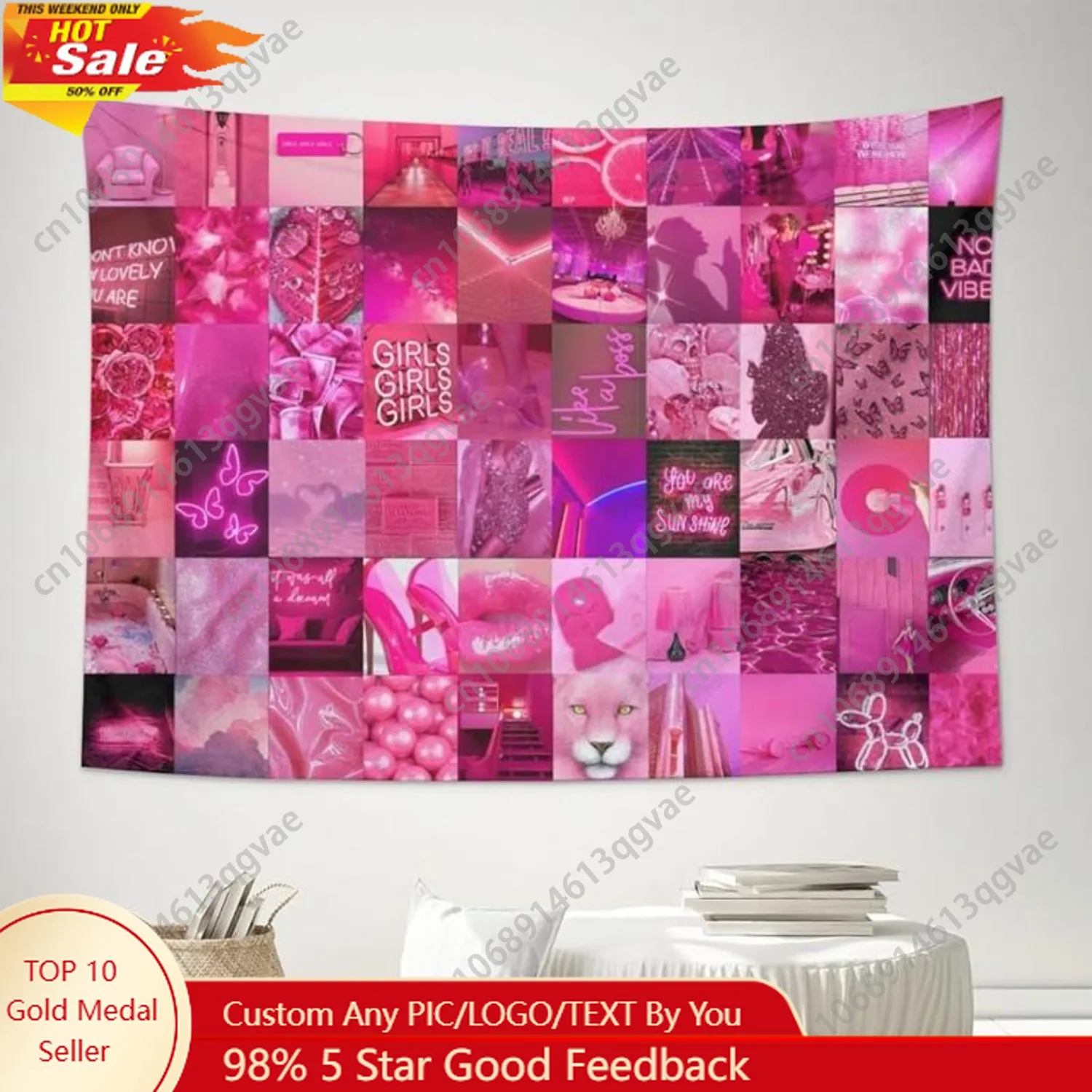 

Fashion Pink Collage Tapestry Aesthetic Wall Hanging Tapestries Cute Preppy Banner for Teen Girl Bedroom Custom Decoration