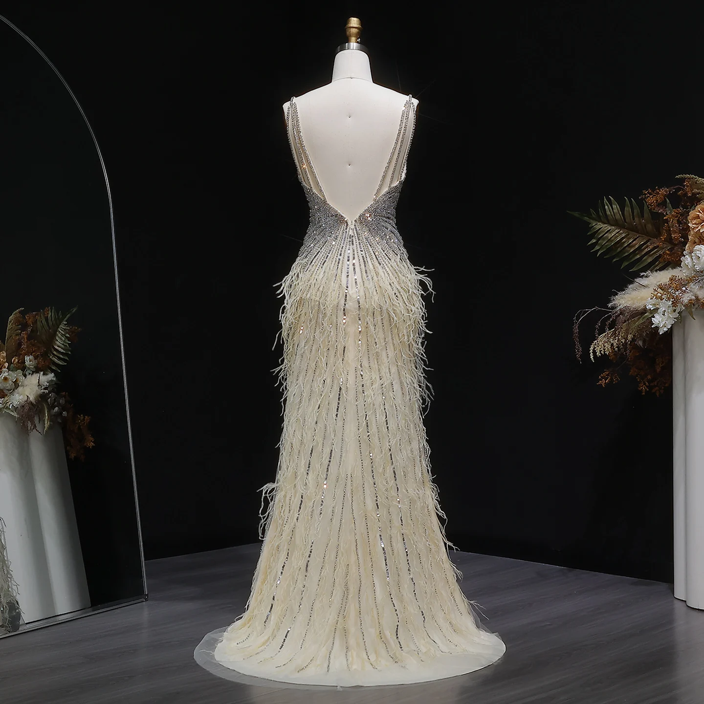 Sharon Said Dubai Luxuriöse Feder-Meerjungfrauenkleider in Silber für Hochzeiten, Blaues Arabisches Abendkleid, Partykleider SS004 Maßanfertigung – Detail 12