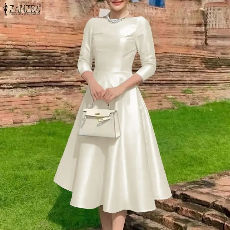 ZANZEA Elegante Abito Midi da Festa in Raso Nero, Vestito da Donna con Scollo a Barca e Maniche 3/4, Linea ad A, per Ospiti di Matrimonio