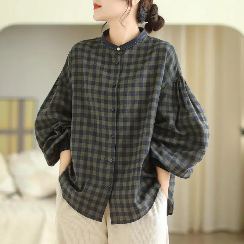 

New Arrival 2024 Spring Autumn Arts Style Women Long Sleeve Loose Casual Shirts Stand Collar Vintage Plaid Blouse Female Tops