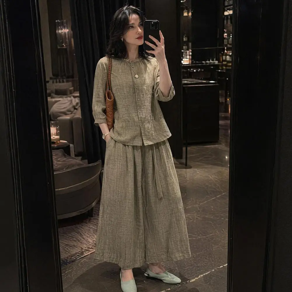 Cotton Linen Women Suit Women’s Cotton Linen Two-piece Set Button-down Short Sleeve Top Wide Leg Pants Lounge Outfit