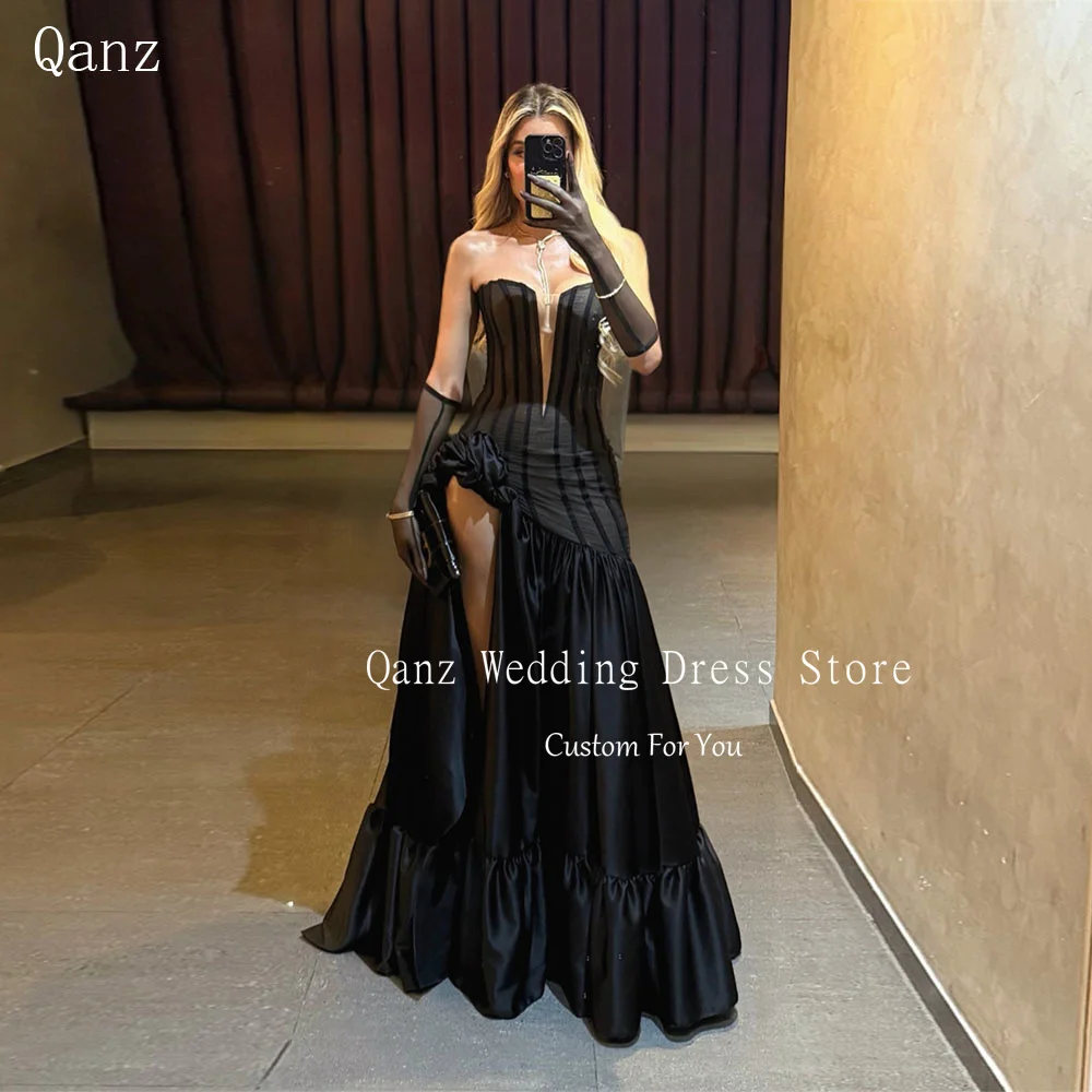 

Qanz Черные вечерние платья с высоким разрезом Милая мягкая атласная женская одежда для свадебной вечеринки Длинное трапециевидное корсетное вечернее платье по индивидуальному заказу