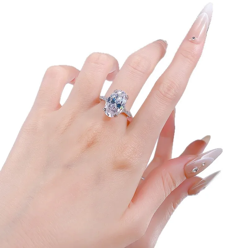 New S925 Silver 10*16mm Oval White Diamond Ring, Pigeon Egg Style, European and American Cross-Border Elegance