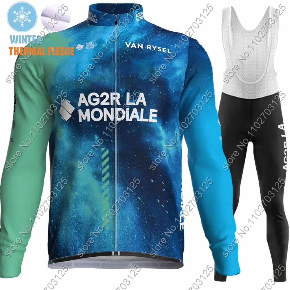 Ag2r Team 2024 Cycling Jersey Set Winter Thermal Fleece Blue France Clothing Long Sleeve Road Pants Bib Bike Suit MTB Maillot