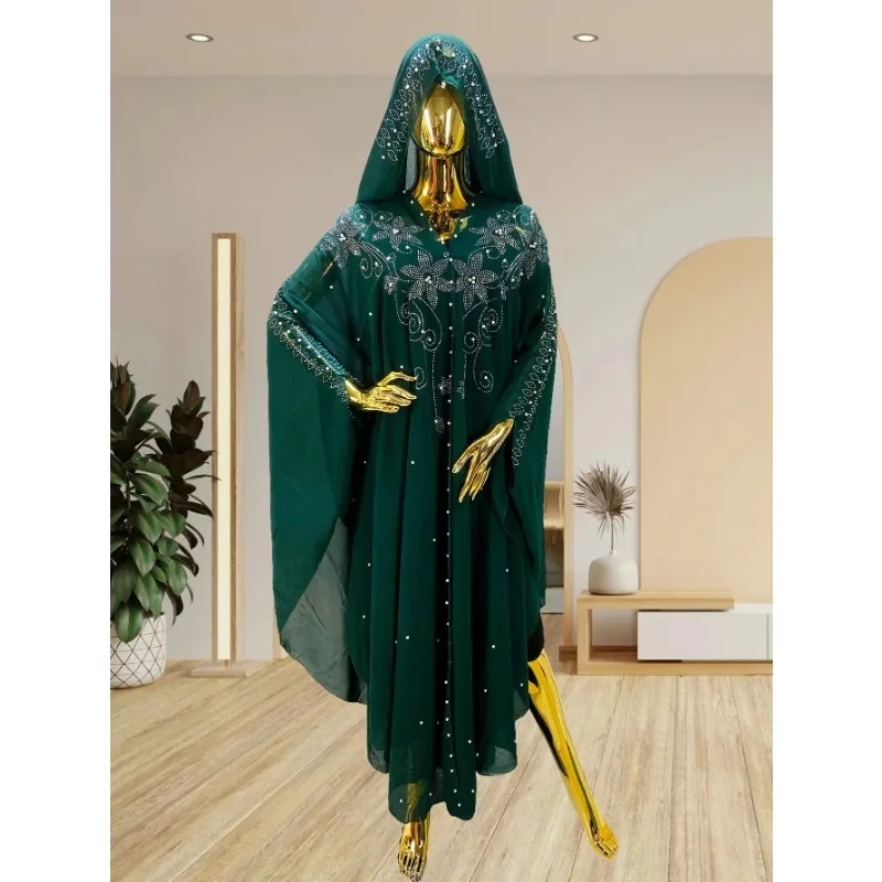 

Spring Summer Crystal Rhinestone Abaya Dress Loose Women's Fashion Bell Sleeve Crystal Middle East Africa Southeast Asia