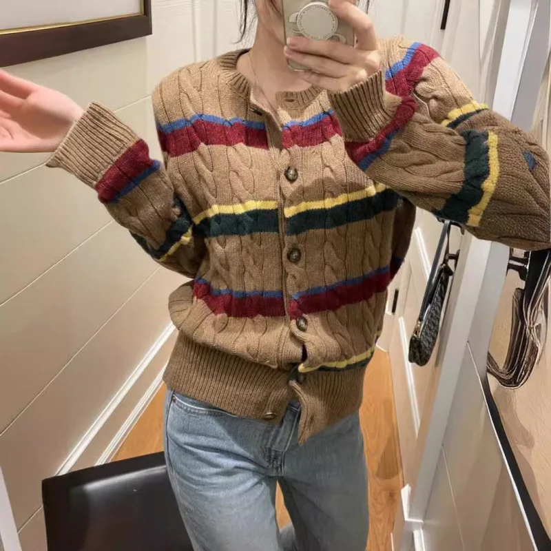 RL لورين قوس قزح مخطط محبوك سترة معطف المرأة الخريف الشتاء موضة خمر نمط كم طويل الخامس الرقبة سترة مفتوحة