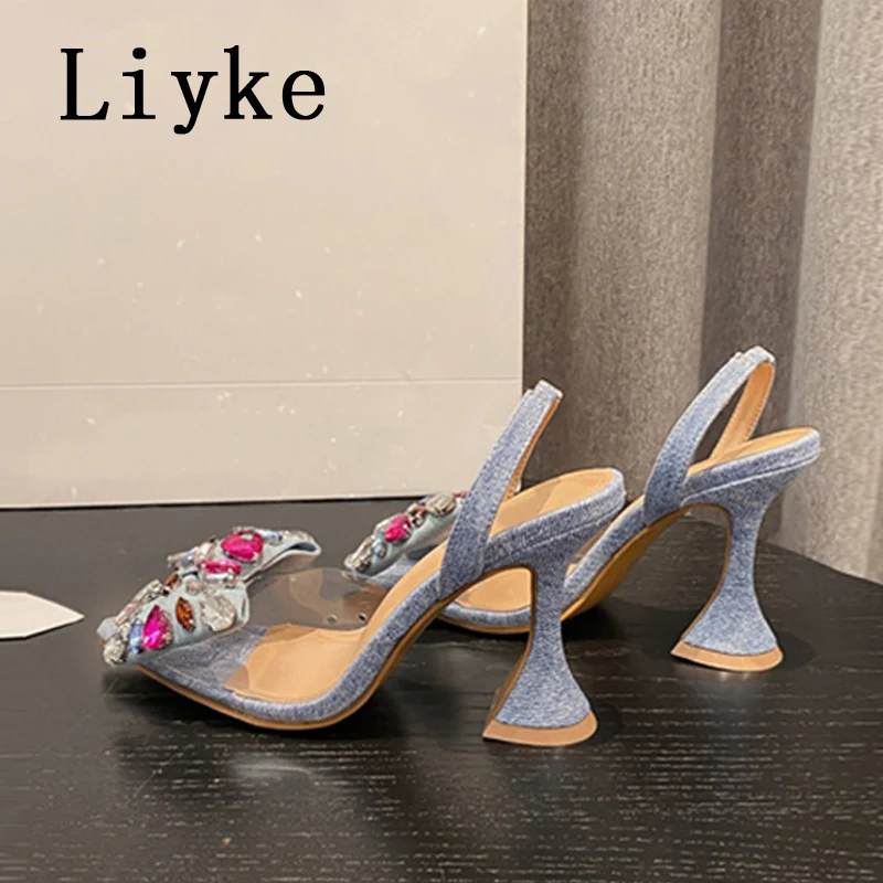 Liyke Strange Style Blue High Heels Mules Sandals Summer Fashion Crystal Denim Bowknot Pointed Toe Party Dress Shoes Women Pumps