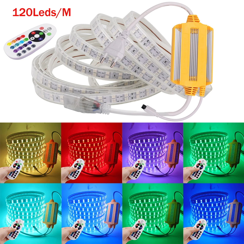 

220V SMD5050 RGB LED Strip with 1500W 24Keys Controller 60/120Leds/m Flexible LED Tape Ribbon Waterproof String Stripe EU Plug