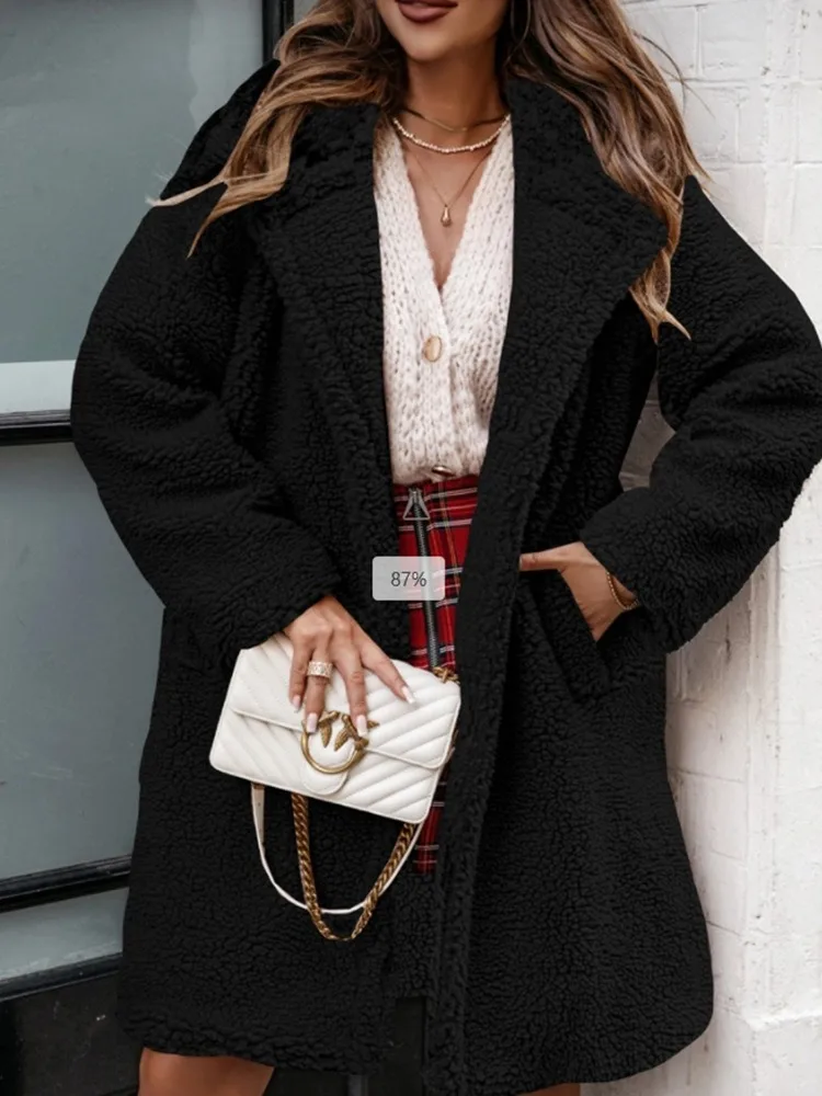 2024 herbst und Winter Neue frauen Woolen Lange ärmeln Jacke Langen Abschnitt Revers Plüsch Top Weibliche – Detail 12
