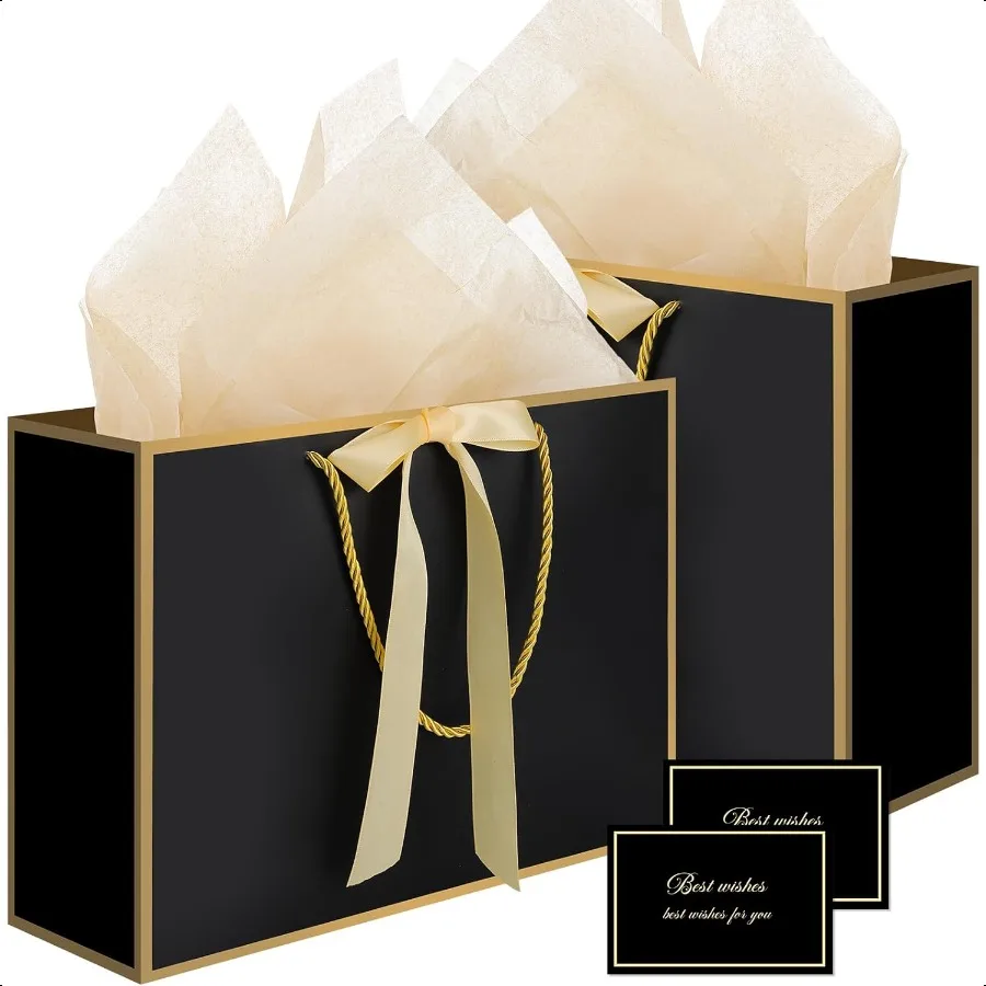

Black Gift Bags with Handles 14" Medium Gift Bag with Tissue Paper 2 Pcs Bags with 4 Tissue Paper and 2 Cards for Boys Birthday