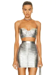 Vestido New Summer 2023 Sexy Silver Two Pieces Set Women Charming Celebrity Bodycon Skirt Suits