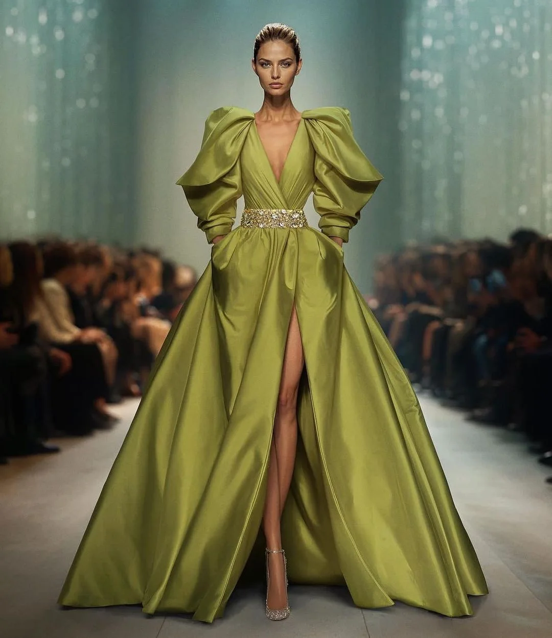 Gorgeous Green Silk Satin Long Evening Dresses فساتين طويلة 2024 V Neck Slit Arabic Formal Party Dress فساتين سهرة Prom Gowns