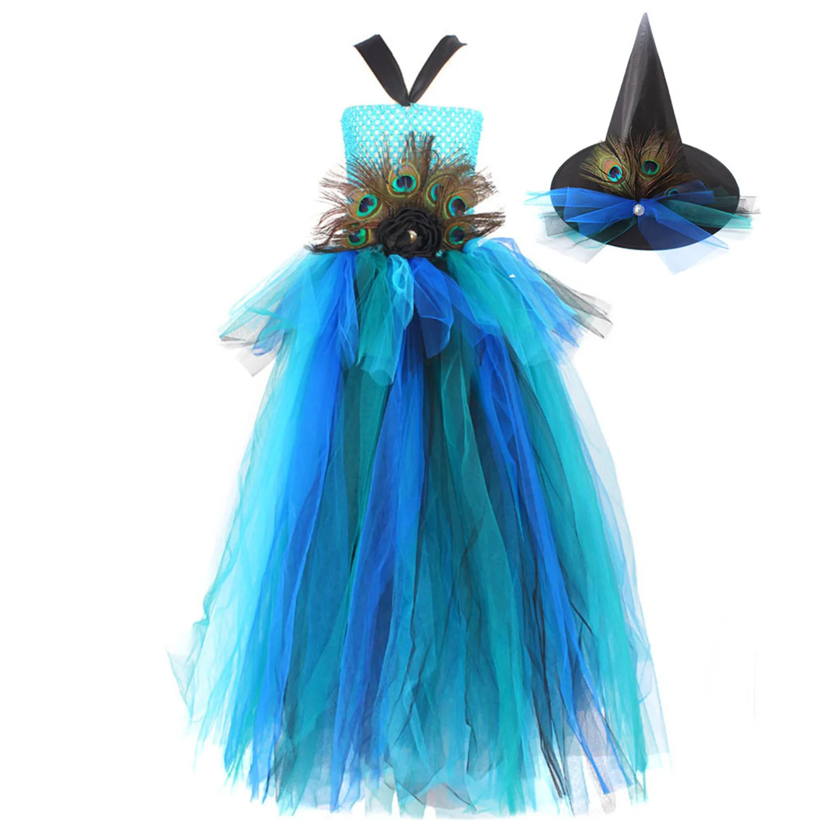 Kids Girls' Peacock Feather Dress Model Catwalk Performance Tail Dress Festival Mesh Cosmetic Costume with Hat