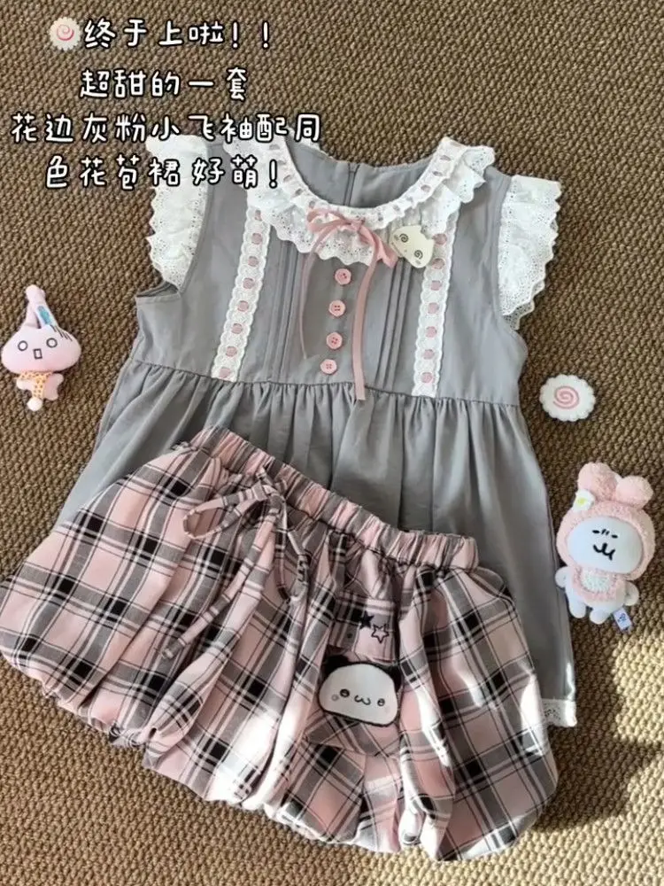 

Платья Kawaii, комплект из 2 предметов, женская одежда, топ + клетчатая короткая юбка, Y2k, 2000-е, милый японский стиль Харадзюку, летнее модное платье в стиле фейрикор.