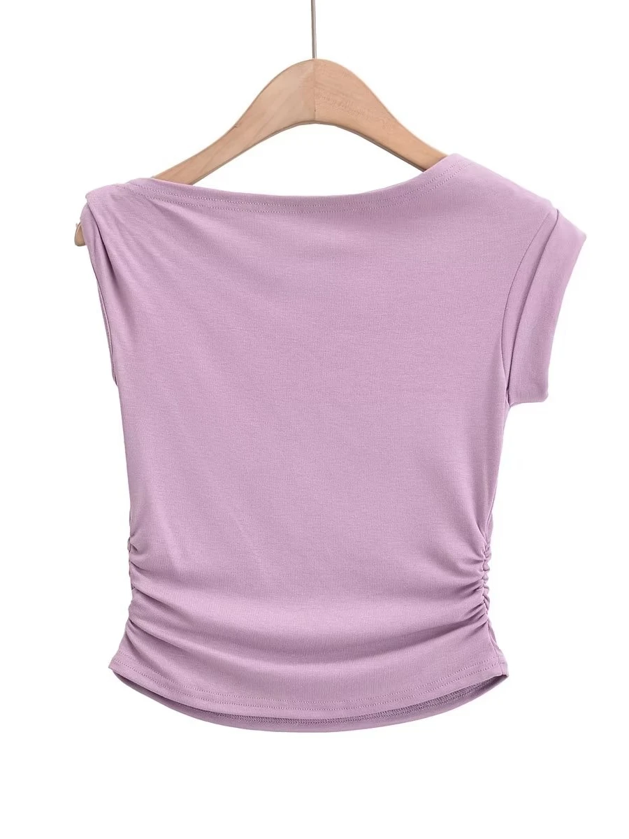 Summer Slim Fit Short Sleeve T-Shirt Sexy Clavicle Baring Twist Neck Design Commute Style Pure Desire  Top for Women