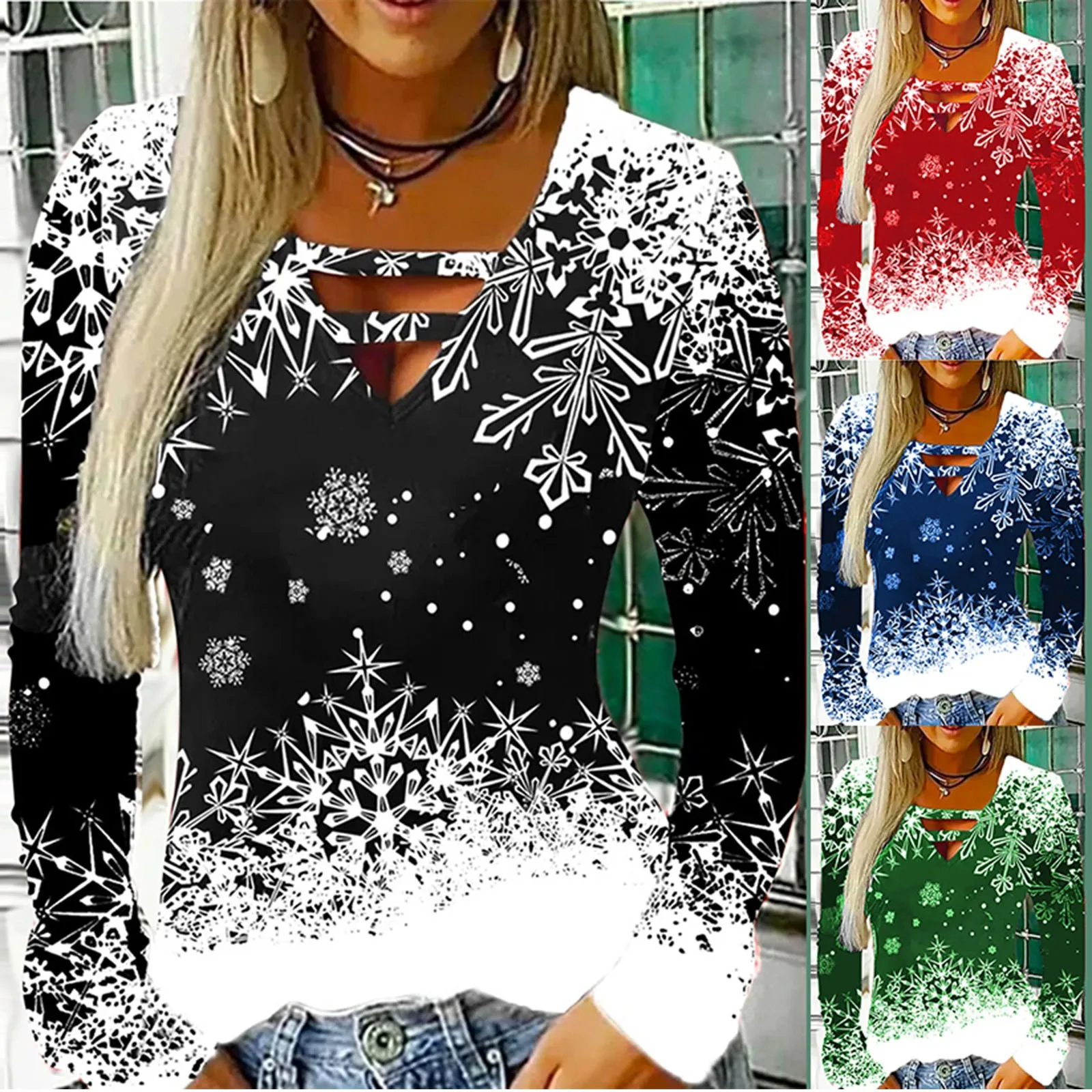 Women Christmas Sexy V neck Hollow Out T-Shirts Spring Autumn Fashion Snowflake Patchwork Long Sleeve Slim Tees Top 2025 Clothes